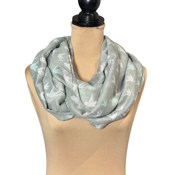 NWOT Infinity Scarf Light Gray Bird Print Viscose Boho Grunge - Picture 3 of 5